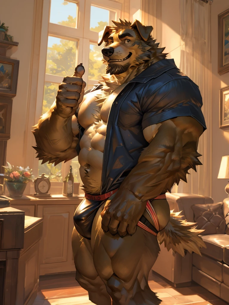 By Taran fiddler, a picture of an adult male, furry canine (golden retriever), golden retriever, dilf, rugged features, stubble beard, slight wrinkles on face, smiling, one man, naked, a golden retriever undressing himself, loosely wearing white jockstrap, jockstrap halfway down thighs, bulging crotch, pulling down jockstrap, stepping out jockstrap, flaccid penis, one hand doing thumbs up, winking, facing viewer, modern living room background, muted lighting