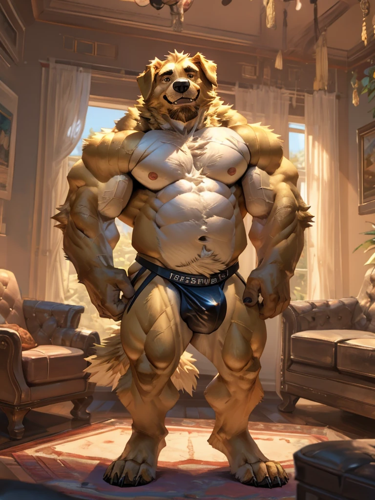 By Taran fiddler, a picture of an adult male, furry canine (golden retriever), golden retriever, dilf, rugged features, stubble beard, slight wrinkles on face, smiling, one man, naked, a golden retriever undressing himself,  loosely wearing white jockstrap, jockstrap halfway down thighs, bulging crotch, pulling down jockstrap, stepping out jockstrap, flaccid penis, one hand doing thumbs up, winking, facing viewer, modern living room background, muted lighting