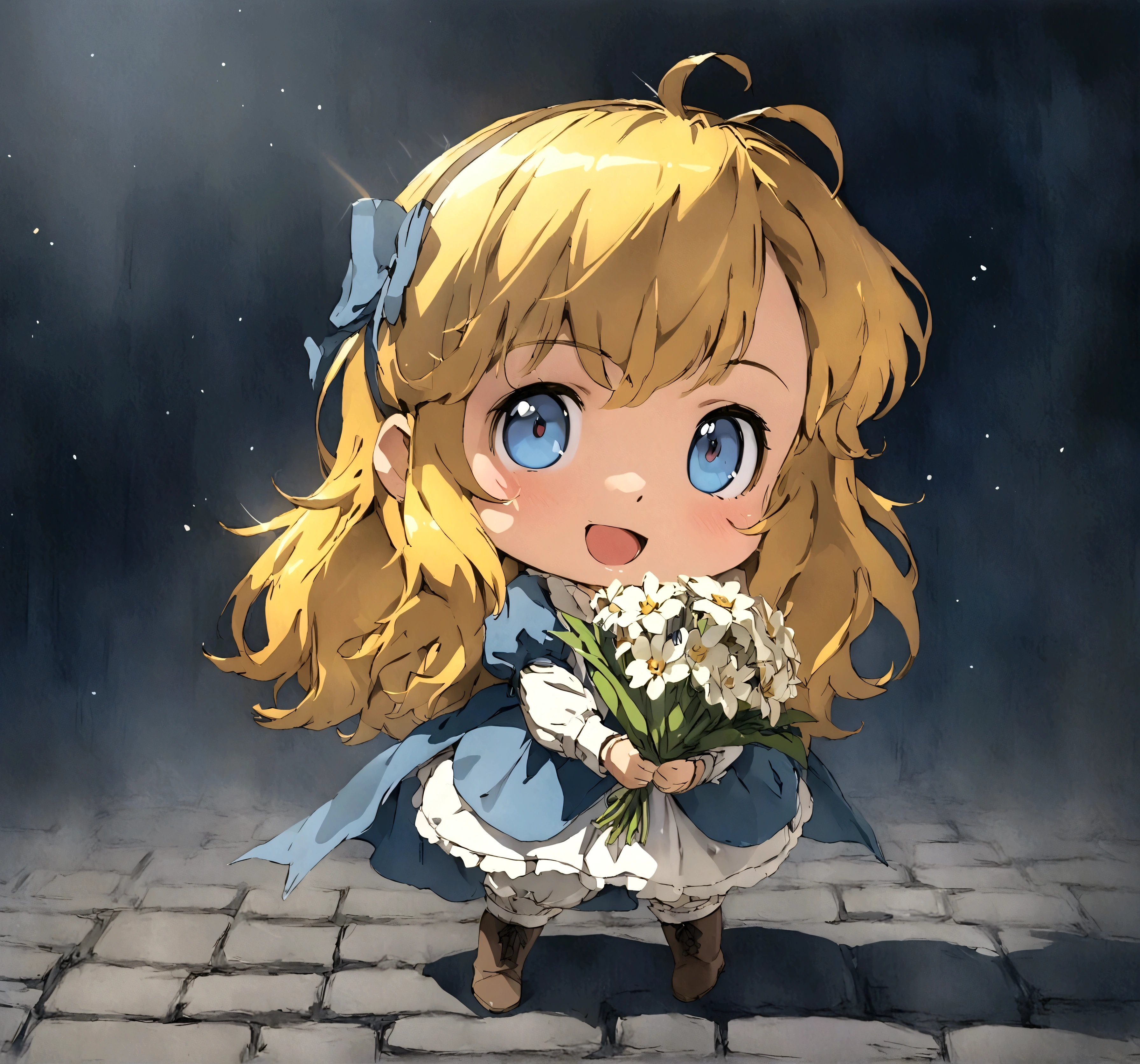 (((Top quality, 4k, 8k, high resolution, masterpiece: 1.2))), (super detailed), (realistic), (photorealistic), (photorealistic: 1.37), (HDR, UHD), (studio (lighting)), ultra-fine drawing, sharp focus, physically based rendering, highly detailed, professional, vibrant colors, perfect ditaile hand, highly detailed realistic eyes,
fantasy, Dwarf, Short, Short legs, Chibi, smile, Holding a bouquet, medieval European clothing,
anime, cartoon, kawaii, qute,
smile, Laughter, Mouth open, eyes slightly downcast,
Medieval European Village,
(((Long shot, Distant view))),
knees, feet,
looking at viewer,