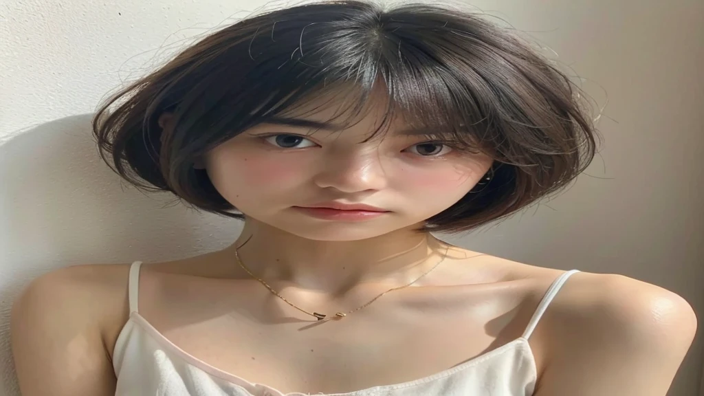 (very realistic photo, concentrated、High resolution, detailed face, fine eyes), ((Taken in front of studio music))、japanese woman, 20-year-old, various expressions, Upper body、alone:1, slim body shape, various hairstyles,((good girl outfit)),、Only one person is in the photo、Photographed in natural light、simple necklace、bob hair、shortcut、looking at the camera((shot from the side)), ((pink camisole vest)), selfie