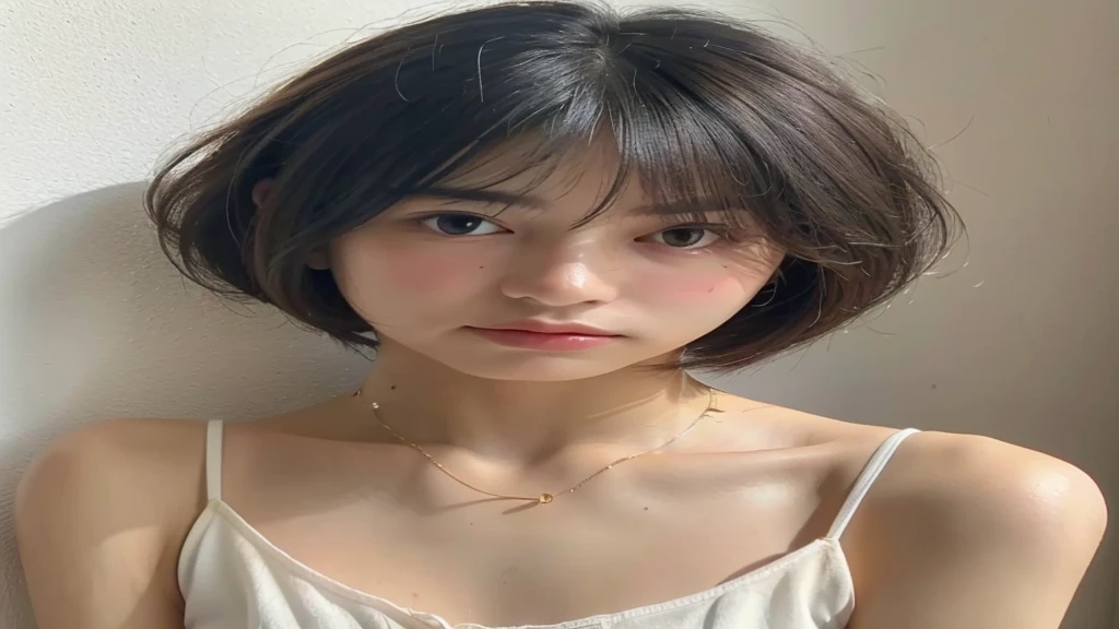 (very realistic photo, concentrated、High resolution, detailed face, fine eyes), ((Taken in front of studio music))、japanese woman, 20-year-old, various expressions, Upper body、alone:1, slim body shape, various hairstyles,((good girl outfit)),、Only one person is in the photo、Photographed in natural light、simple necklace、bob hair、shortcut、looking at the camera((shot from the side)), ((pink camisole vest)), selfie