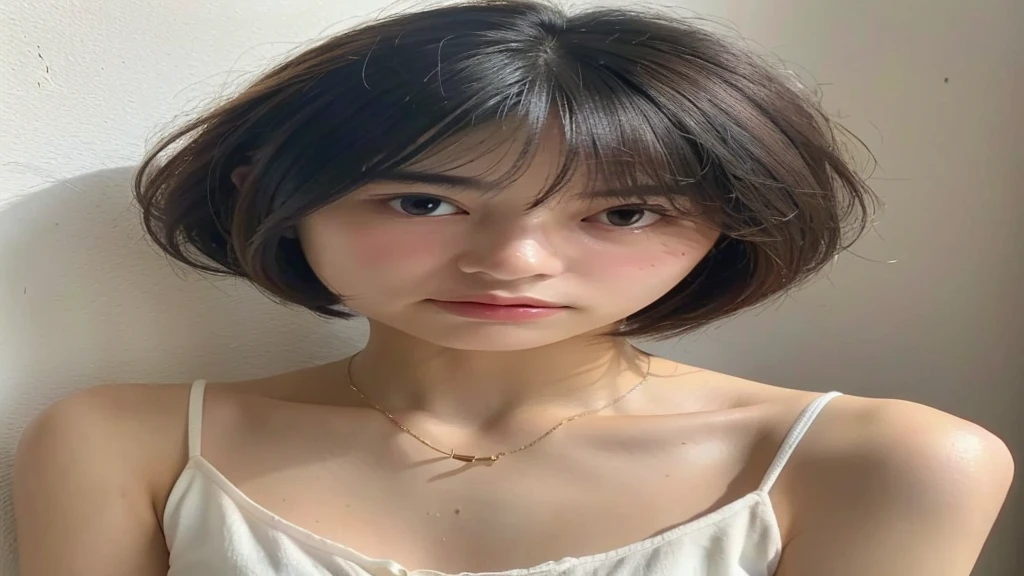 (very realistic photo, concentrated、High resolution, detailed face, fine eyes), ((Taken in front of studio music))、japanese woman, 20-year-old, various expressions, Upper body、alone:1, slim body shape, various hairstyles,((good girl outfit)),、Only one person is in the photo、Photographed in natural light、simple necklace、bob hair、shortcut、looking at the camera((shot from the side)), ((pink camisole vest)), selfie