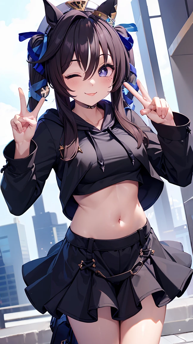 masterpiece, Highest quality, High resolution, Very detailed,(((Viblos wearing a black hoodie))), (((peace sign))), (((smile))), Black Skirt, Outdoor, Black underwear, Low - Angle