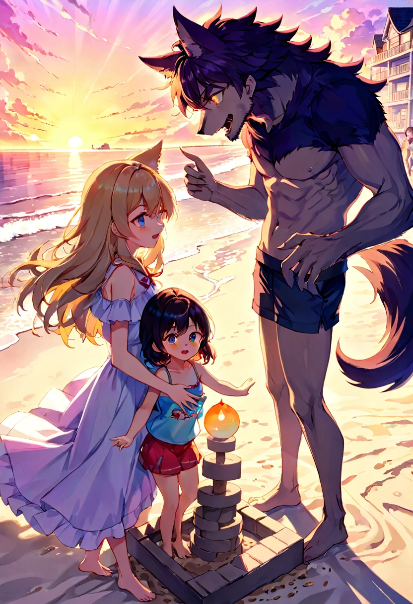 cover page, anime key visual, highres, top quality, best quality, paid reward available, High-quality illustrations, unparalleled masterpiece, perfect artwork, absurdres(family watching sunrise at the beach)((kemono werewolf family with two parents of diverse descents and a child)perfect anatomy, mesmerized by the sunrise, playing with sand and building a sandcastle, serene beach with gentle waves, sky with vibrant colors of dawn, family’s expressions of awe and happiness, moment of peace and togetherness, fan-created work shared on platforms Pixiv or , cinematic lighting, dynamic angle,