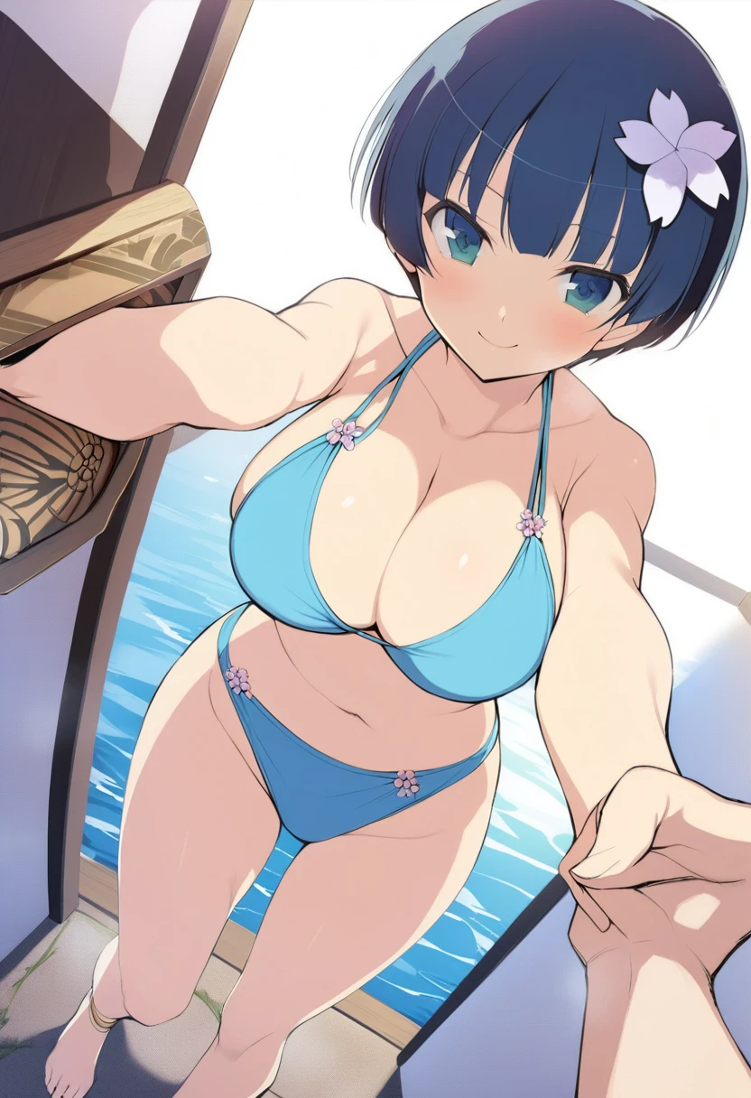 masterpiece, best quality,
yozakura (senran kagura), 1girl, breasts, solo,
short hair, blue hair, flower, blue eyes, large breasts, hair ornament,
hair flower, navel, midriff, bare legs, cleavage, emblem, smile,
bikini,
pov,
