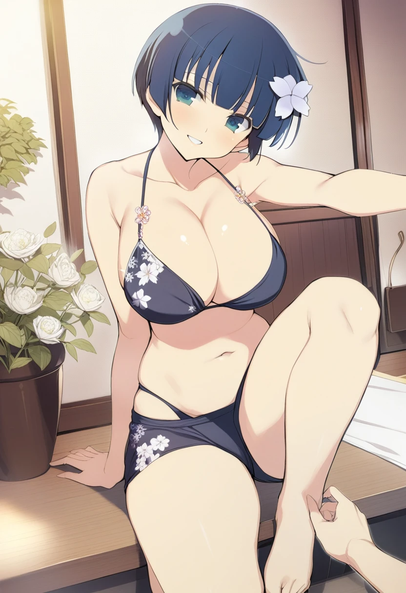 masterpiece, best quality, 
yozakura (senran kagura), 1girl, breasts, solo, 
short hair, blue hair, flower, blue eyes, large breasts, hair ornament, 
hair flower, navel, midriff, bare legs, cleavage, emblem, smile, 
bikini, 
pov, 