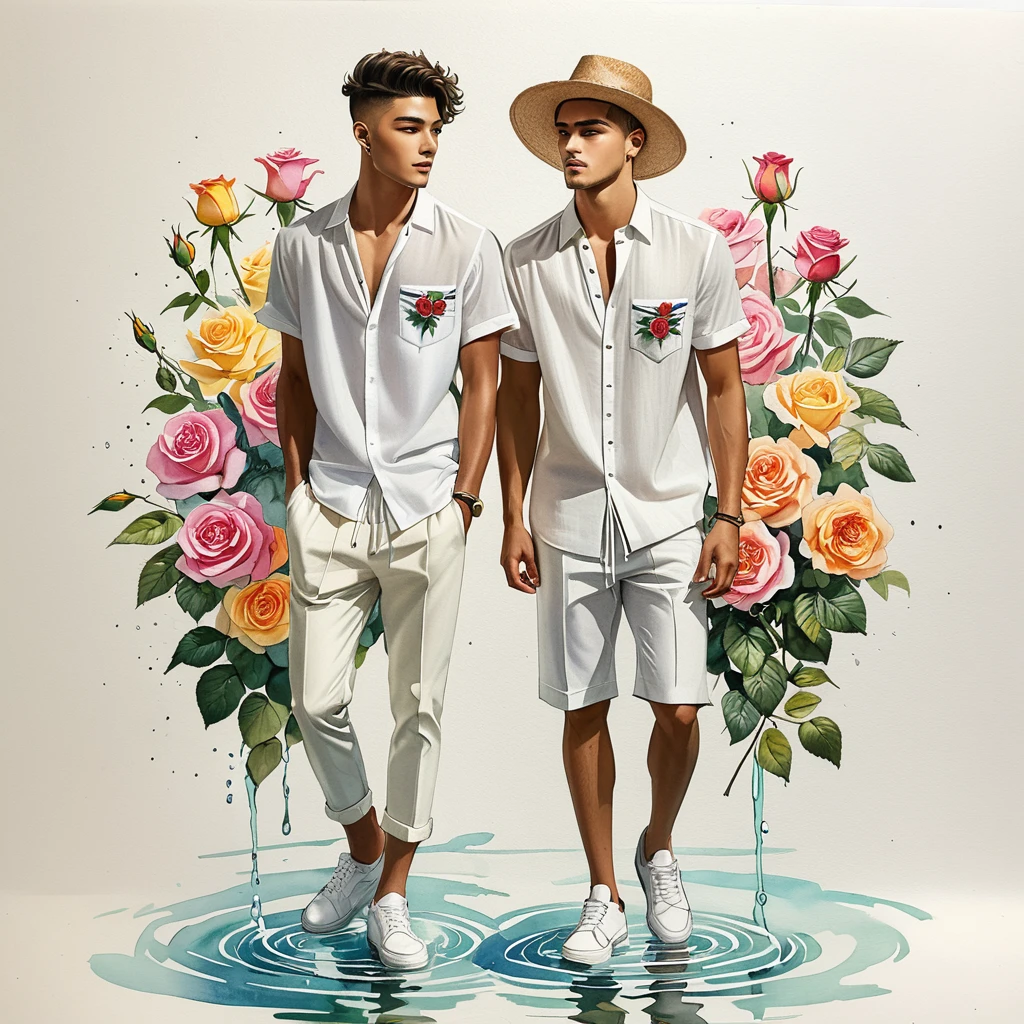 candid fashion illustration of young Mixed race 2man, both aged 18-23 year old, ((showcase fashion look book in White linen outfits)), the design inspired by David Austin Rose, in elegant chic style. The man wears an oversized short-sleeved shirt with a minimal embroidery pocket details, paired with relaxed-fit white Short with Drawstring, He completes his look with white sneakers and round glasses. The boyfriend complements him in a Calf-length fitted pants in a stripe woven cotton, He resemble includes an accessorizes with a brimmed straw hat and white sneakers, Captured in a low angle, ((full-body image)), ((roses drawing in water color in background)), fashion sketching, realistic drawing, ((imperfect water color drawing)), fashion look book, fashion illustrator, fashion sketch design, gay, gay couple,