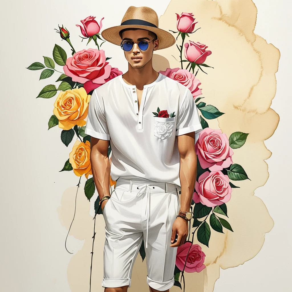 candid fashion illustration of young Mixed race 2man, Latino and Japanese male model, both aged 18-23 year old, ((showcase fashion look book in linen outfits)), the design inspired of The Emma Bridgewater rose by David Austin, in elegant chic style. The man wears an oversized short-sleeved shirt with a minimal rose embroidery details, paired with relaxed-fit white Short with Drawstring, He completes his look with white sneakers and round glasses. The boyfriend complements him in a Calf-length skinny fitted pants in a stripe woven cotton, semi bulge, He resemble includes an accessorizes with a brimmed straw hat and white sneakers, Captured in a low angle, ((full-body image)), ((roses drawing in water color in background)), fashion sketching, realistic drawing, ((imperfect water color drawing)), fashion look book, fashion illustrator, fashion sketch design, gay, gay couple, a lovely variety characterized color by its soft blush pink color, The blooms are large, with many petals forming a classic rosette shape. The color can range from a delicate pale pink to a slightly deeper shade, This rose is appreciated for its charming appearance and delightful,