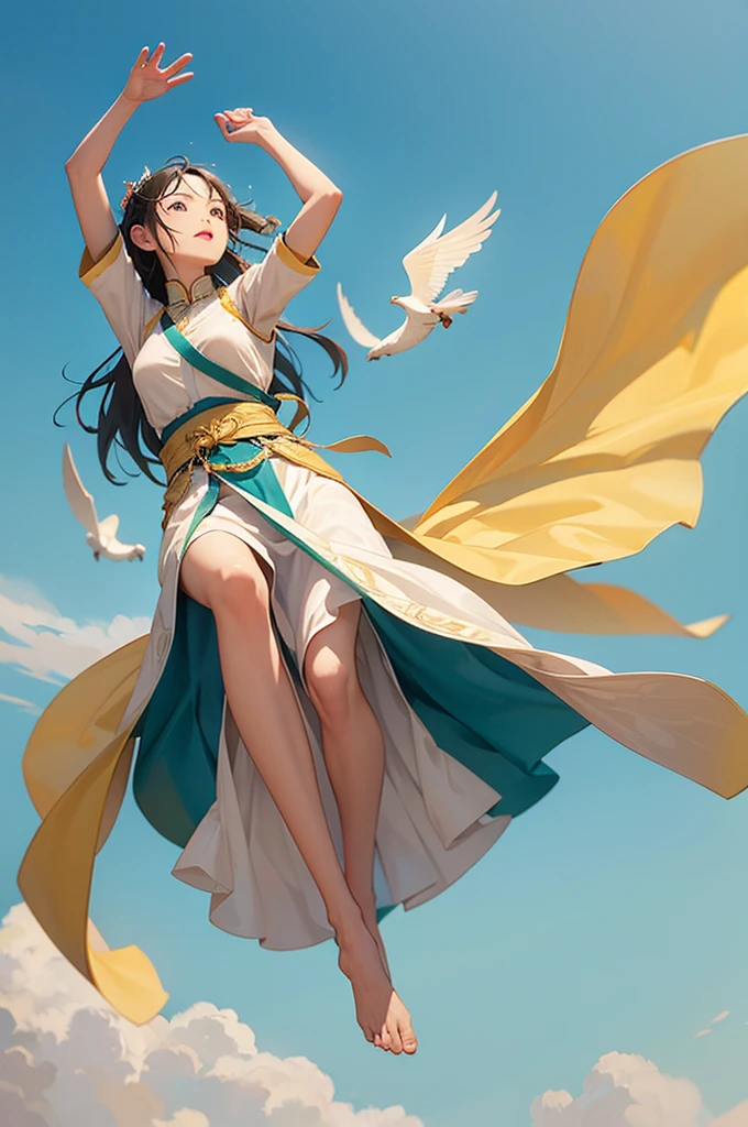 Dunhuang flying goddess。Floating in the air,barefoot。Looking up