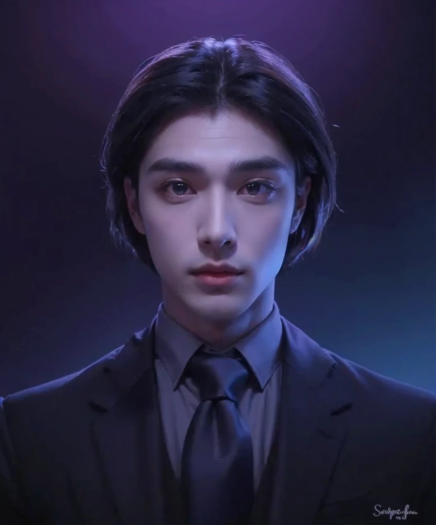 Handsome boy, black hair, brown eyes, wearing black formal with blue necktie