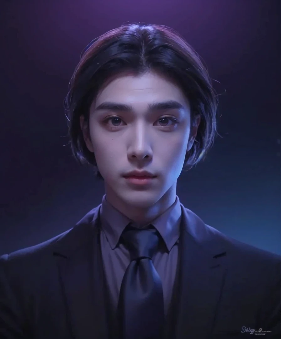 Handsome boy, black hair, brown eyes, wearing black formal with blue necktie