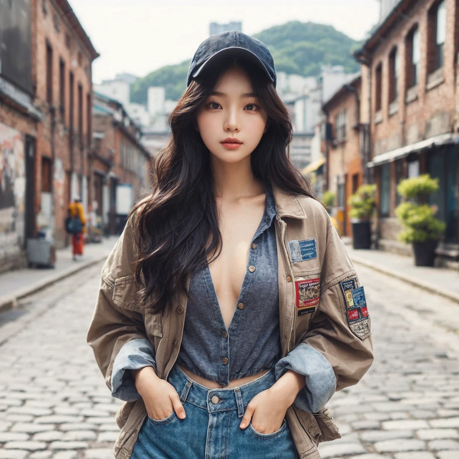 Beautiful young Korean female walking confidently down a cobblestone street in casual, stylish outfits with jackets, shirts, and jeans, medium chest. The backdrop is a vintage urban setting with buildings and greenery, blending modern style with a cool urban vibe.