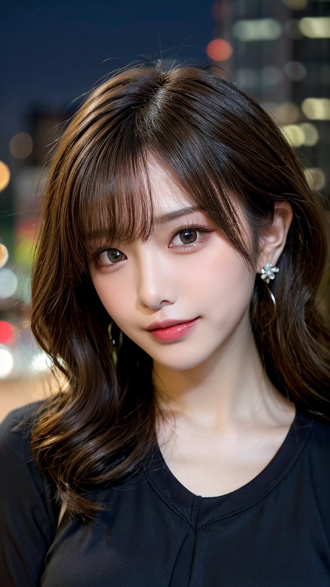 Tabletop, highest quality, shape, Very detailed, finely, High resolution, 8k wallpaper, Perfect dynamic shape, Finely beautiful eyes, one piece,Medium Hair,Natural color lip, smile,21 years old、cute、Looking into the camera、F cup、Brown Hair、Blurred night New York background,Earrings,(Pin-Curls),model posing,