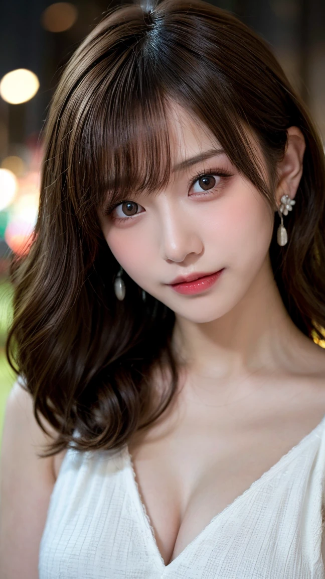 Completely naked,Tabletop, Highest quality, shape, Very detailed, finely, High resolution, 8k wallpaper, 完璧なダイナミックな構shape, finelyて美しい目, one piece,Medium Hair,Natural color lip, smile,21 years old、cute、Looking into the camera、F Cup、Brown Hair、Blurred night New York background,Earrings,(Pinkal),Model pose,