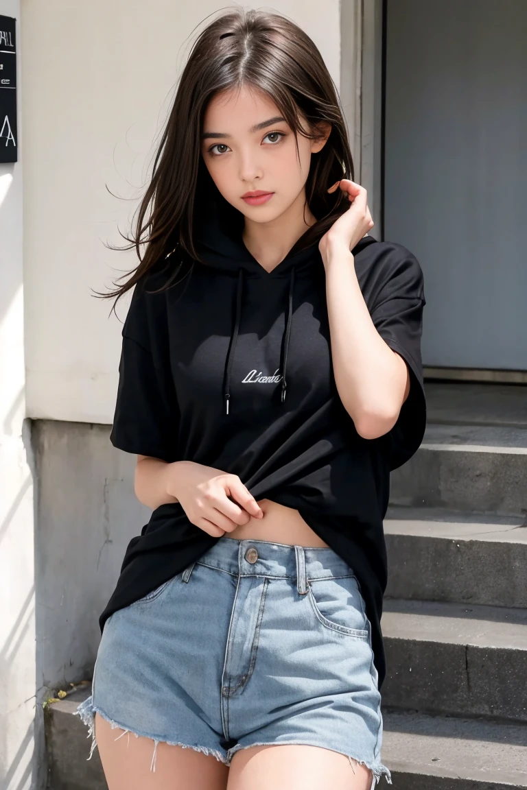 une femme de 18 ans sexy et mince , black short sleeve hoodie , salle de classe, se touche,position sey,sensuel