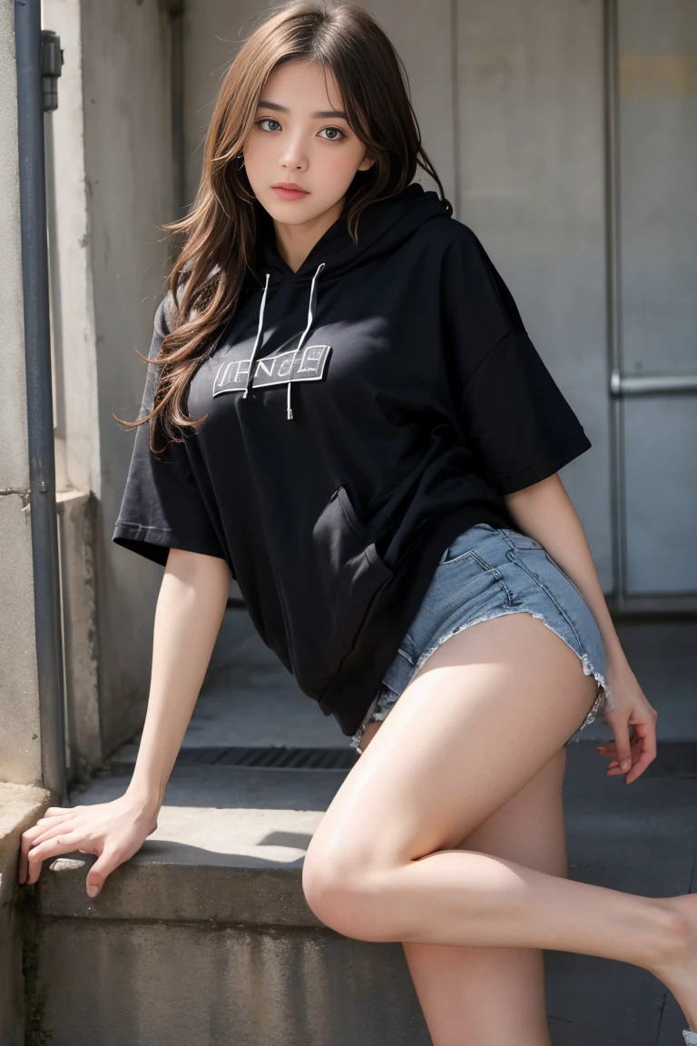 une femme de 18 ans sexy et mince , black short sleeve hoodie , salle de classe, se touche,position sey,sensuel