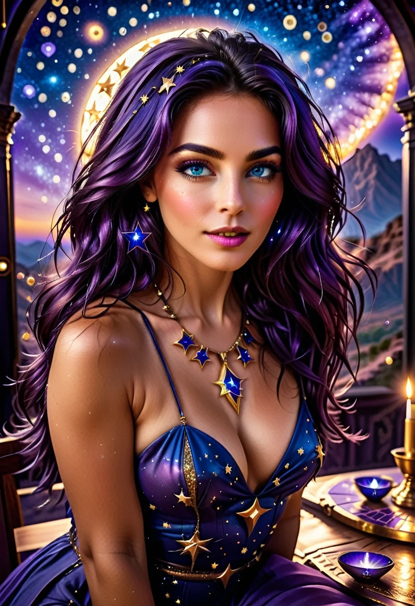 a facial close up picture of an astrologist who divine the future from the stars, an extraordinary beautiful woman, divining the future from the stars, there is magic in her eyes, the ((irises are colored deep blue filled with stars: 1.3)), dynamic hair color, dynamic hair style, she sits near a table, dynamic clothing, dynamic background, vibrant, Ultra-high resolution, High Contrast, (masterpiece:1.5), highest quality, Best aesthetics), best details, best quality, highres, 16k, [ultra detailed], masterpiece, best quality, (extremely detailed), Cinematic Hollywood Film style, Genetically modified..., GlowingRunesAI_purple