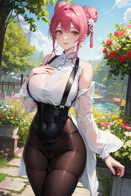 tmasterpiece、Need、1female、Blue cheongsam,Ancient style China、 White cloth bun bun bun、Shoulder leakage、The chest is large、chubbiness、ssmile、Black suspender tights、lace leggings、pale pink lip、hot springs,(drenched all over the body),legs are open, 独奏, White polo shirt, looking at viewert, (Thigh thick:1.0),Yazawa Nico,red eyes, face flushed,Blunt hair,both hands on hip,greet,Flower headdreslack suspender tights,dance,Side breast exposure,short hair,garden
