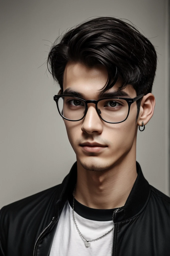 Young slim guy selfie, with black clothes, pale skin, messy hair, glasses, eyebrow earring