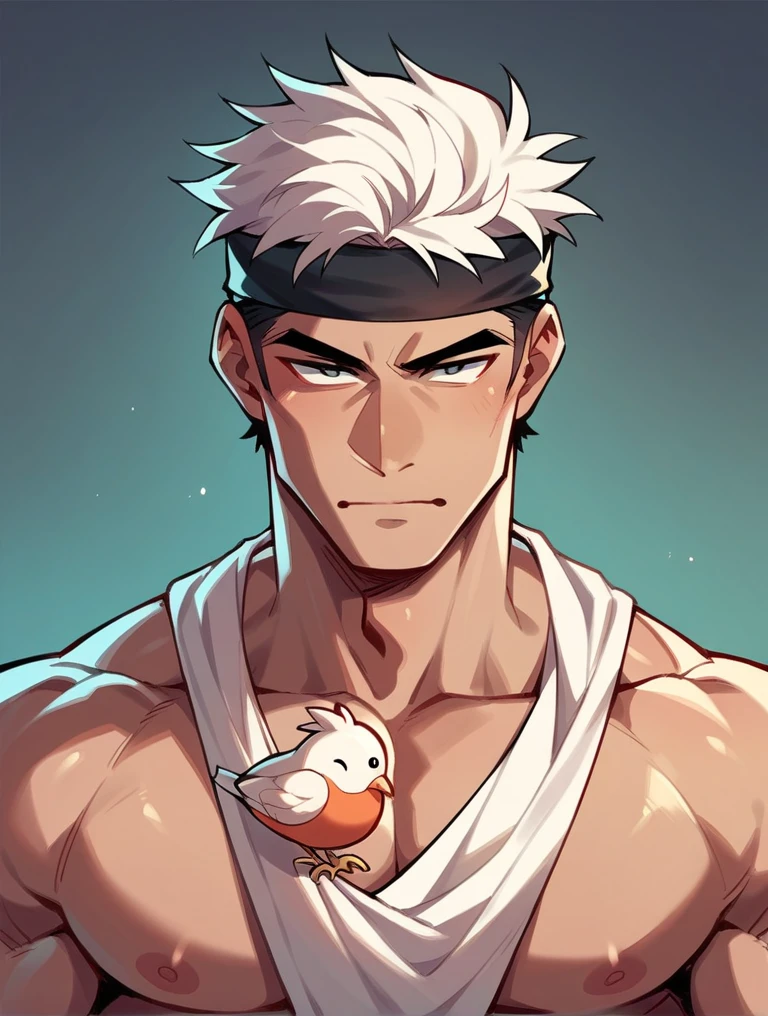 The head of a man with the body of a chicken wearing a white turban and black headband