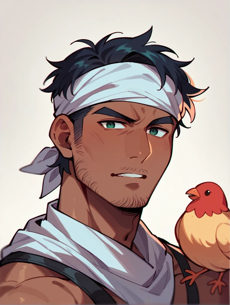 The head of a man with the body of a chicken wearing a white turban and black headband