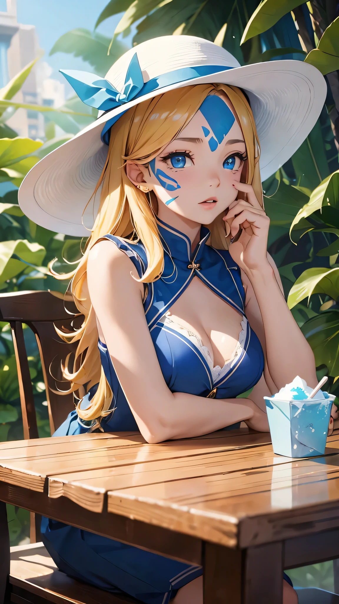 最high quality、Best image quality、masterpiece、With a girl((cute、、Best Bust、Medium Bust、Bust 85,Beautiful Blue Eyes、Spread your chest wide,Blonde lointail、Slender、The best valley、、Blue sleeveless shirt、White shorts,Show the whole body、Blue Mesh,Leaning forward greatly、Blue hat、Blue Intercom,Face Paint))high quality、Beautiful art、background((summertime、White table、White chair、shaved ice、)),Tabletop、Exquisite design、Visual Arts、Depth of written boundary、Best lighting、Highest detail、8k