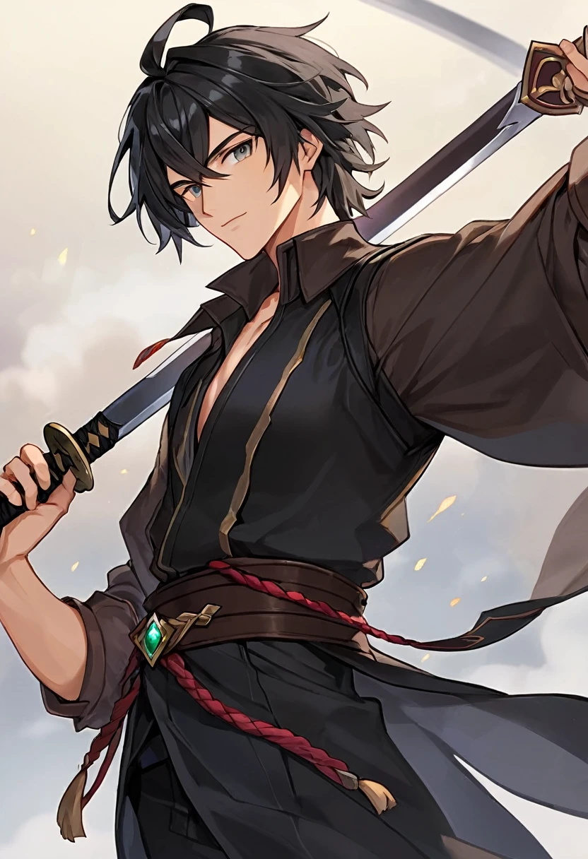 human male, dnd, adventurer, black hair, black cloth, handsome, sword, tan skin