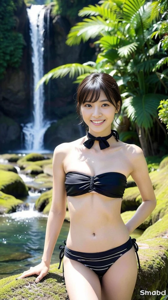 (Highest quality, 8K, masterpiece, Ultra-high resolution: 1.2), Detailed face: 1.2, Cute Japanese women photos 1, Slim Abs, Black Short Hair, ((Short bandeau bikini: 1.4, Black Bikini: 1.4)), Watch Viewer, A light smile,Upper Body, Beautiful waterfall, Young green tree々