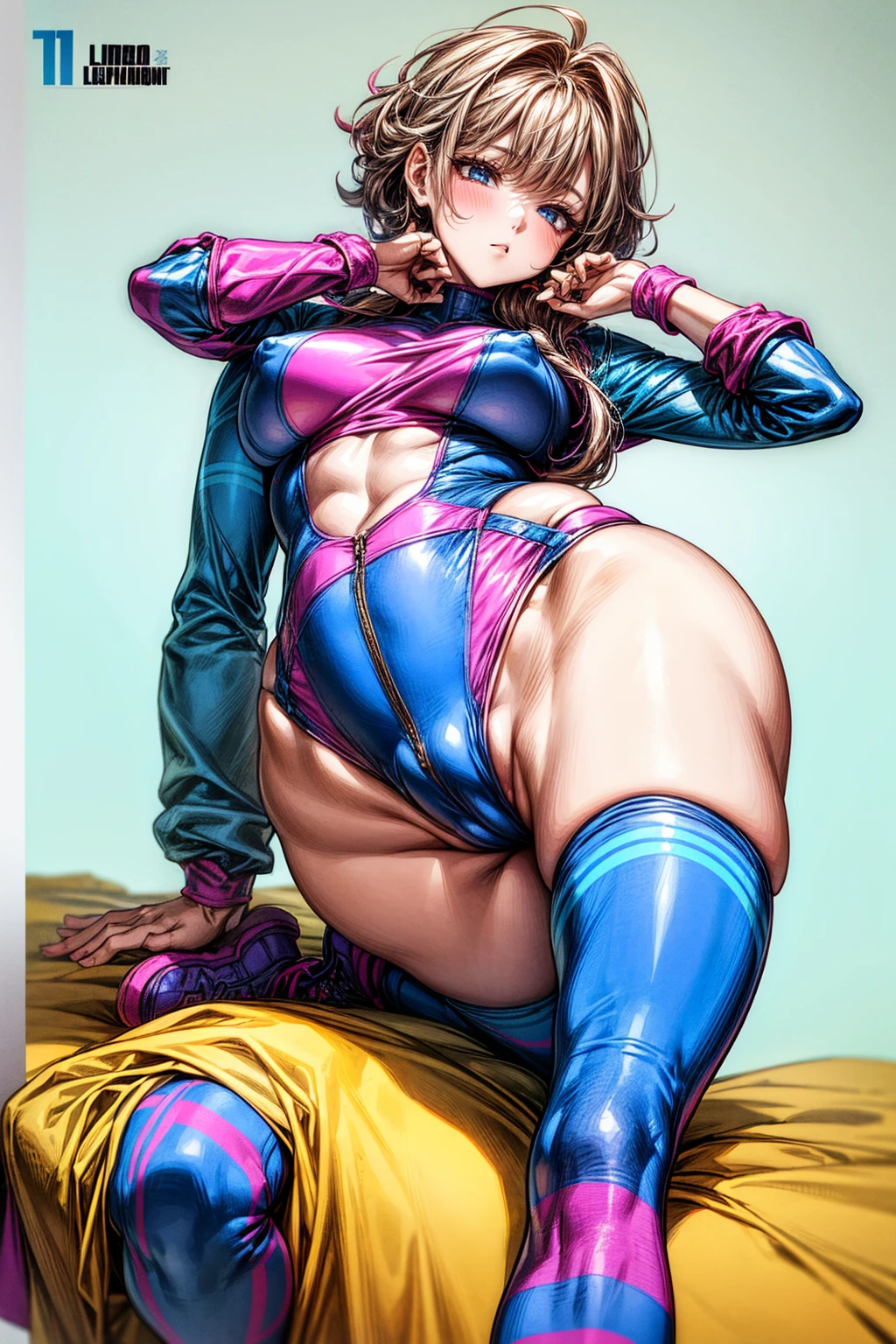 80s aerobics style、High leg leotard、Colored tights、loose socks、sneakers、Detailed picture、girl、25-year-old woman、Dynamic and lively pose、Crotch line、Erect nipples