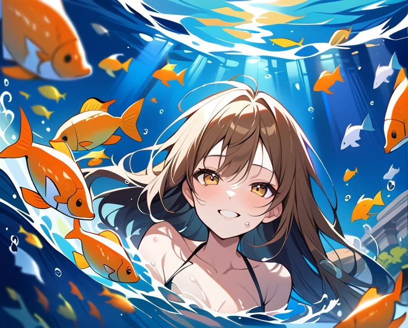 score_9, score_8_up, score_7_up, source_anime,masterpiece, best quality, high resolution, extremely detailed CG, absurdres, 1girl, solo, a beautiful girl, gentle smile, ((under the sea)), (white marble Greek temple under water), a girl floating under water, brown_hair, long_hair, fishs, Tyndall light, under sea, under ocean, underwater, submerged water, deep submersion, landscape