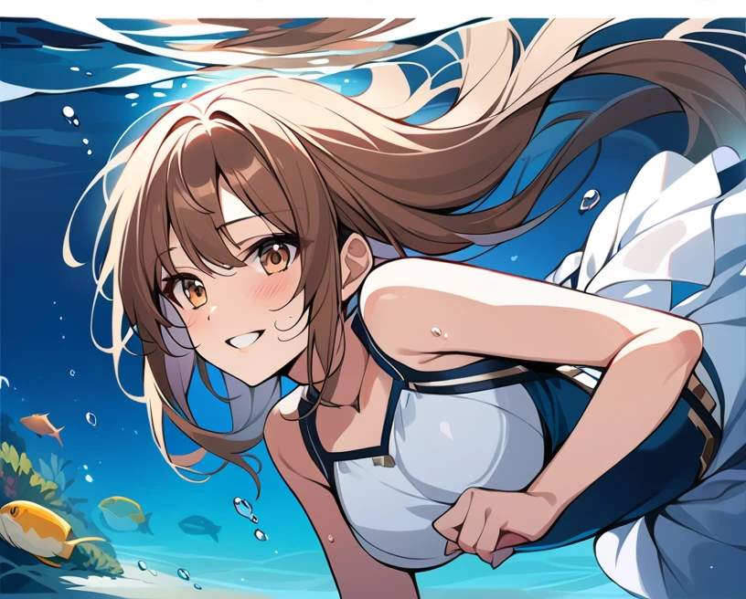 score_9, score_8_up, score_7_up, source_anime,masterpiece, best quality, high resolution, extremely detailed CG, absurdres, 1girl, solo, a beautiful girl, gentle smile, ((under the sea)), (white marble Greek temple under water), a girl floating under water, brown_hair, long_hair, fishs, Tyndall light, under sea, under ocean, underwater, submerged water, deep submersion, landscape