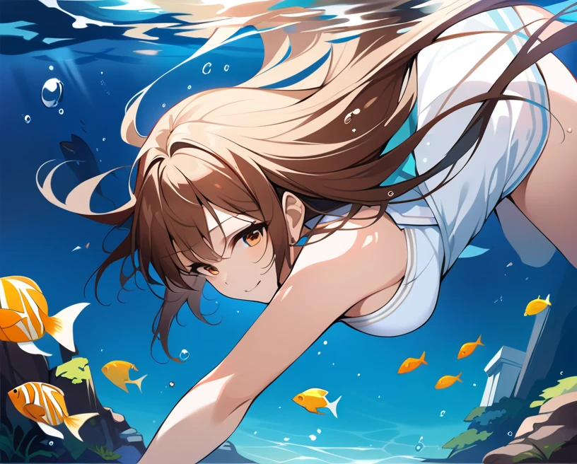 score_9, score_8_up, score_7_up, source_anime,masterpiece, best quality, high resolution, extremely detailed CG, absurdres, 1girl, solo, a beautiful girl, gentle smile, ((under the sea)), (white marble Greek temple under water), a girl floating under water, brown_hair, long_hair, fishs, Tyndall light, under sea, under ocean, underwater, submerged water, deep submersion, landscape