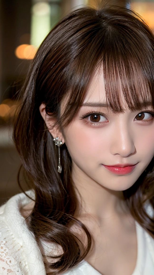 Tabletop, highest quality, shape, Very detailed, finely, High resolution, 8k wallpaper, Perfect dynamic shape, Finely beautiful eyes, one piece,Medium Hair,Natural color lip, smile,21 years old、cute、Looking into the camera、F cup、Brown Hair、Blurred night New York background,Earrings,(Pin-Curls),model posing,