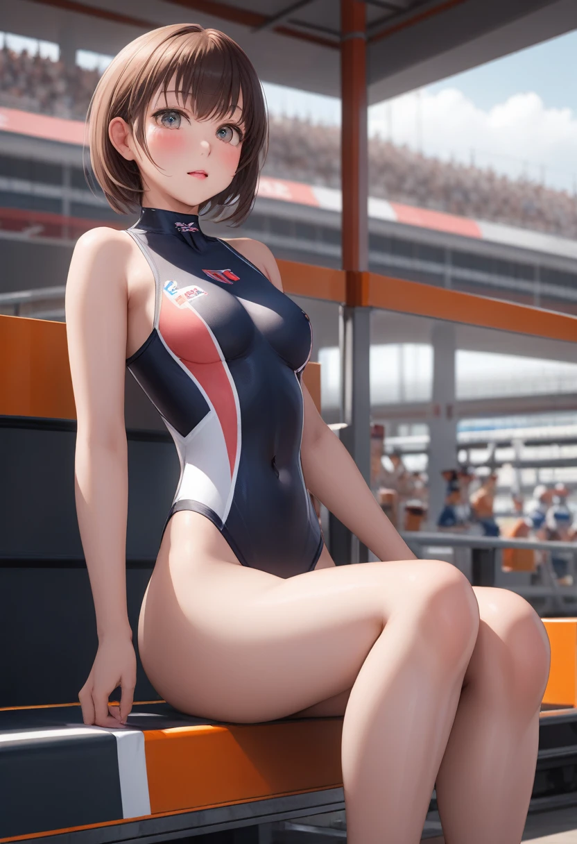 (masterpiece:1.2), (best quality:1.2), (very aesthetic:1.2), (absurdres:1.2), (detailed background),newest,ai-generated, (((solo))), Masterpiece,(share),Open your legs towards the viewer,One cute girl, Highest quality,High resolution,High resolution,Highly detailed CG,8K Unit Wallpaper,25 years old,Beautiful attention to detail,small Breasts,Bobcut,Biomechanical OPPAI,Grid girl posing on the circuit,No sleeve,,(Shiny body:1.3),Open your mouth, blush, Sweat,Embarrassed,sexy,(visible nipples:0.7),(camel toe:0.3),Dark Hair, competition swimsuit,,((sit)), 