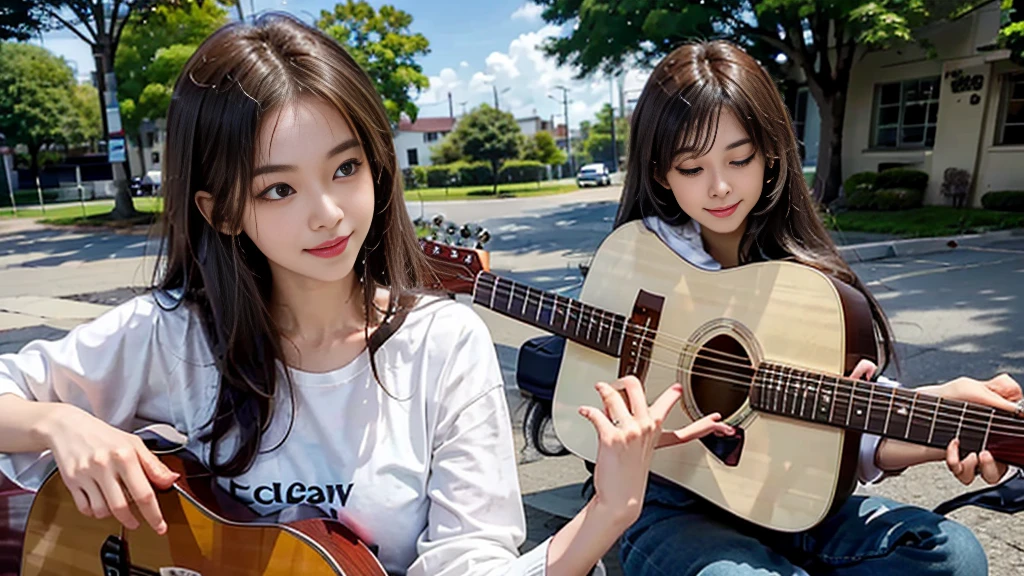 Woman sitting and playing guitar、Shaggy-haired brunette、precision 6 string Acoustic guitar:1.2、Anatomically correct fingers、Acoustic guitar、1 guitar only、Please look straight ahead and sing、(Keep your face forward:1.2)、Many cats around, 4K Vietnam flags 