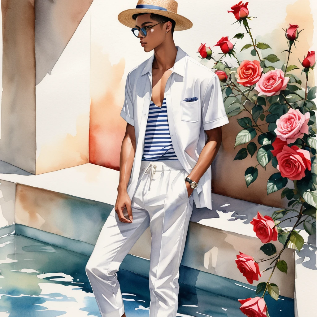 candid fashion illustration of young Mixed race 2man, both aged 18-23 year old, ((showcase fashion look book in White linen outfits)), the design inspired by David Austin Rose, in elegant chic style. The man wears an oversized short-sleeved shirt with a minimal rose embroidery details, paired with relaxed-fit white Short with Drawstring, He completes his look with white sneakers and round glasses. The boyfriend complements him in a Calf-length skinny fitted pants in a stripe woven cotton, semi bulge, He resemble includes an accessorizes with a brimmed straw hat and white sneakers, Captured in a low angle, ((full-body image)), ((roses drawing in water color in background)), fashion sketching, realistic drawing, ((imperfect water color drawing)), fashion look book, fashion illustrator, fashion sketch design, gay, gay couple,