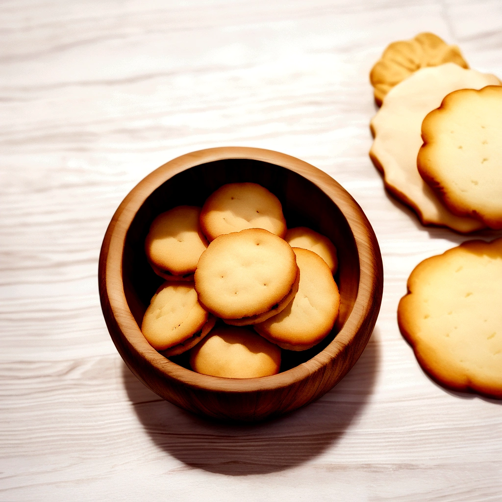 There is a wooden bowl on the table，Filled with delicious cookies, Still Life by Jean-Pierre Noblin Delacourtin, Published on cg society, Art Photography, Photos taken with ektachrome, Photos taken with Nikon D750, Macro Photography
