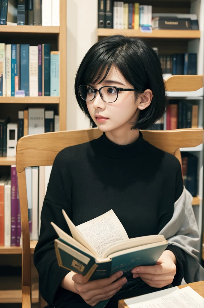 Short Hair、Black Hair、Drooping eyes、Aquiline Nose、Thin lips、Glasseachine、Sitting in a chair、Reading a book、Bookshelf in the background