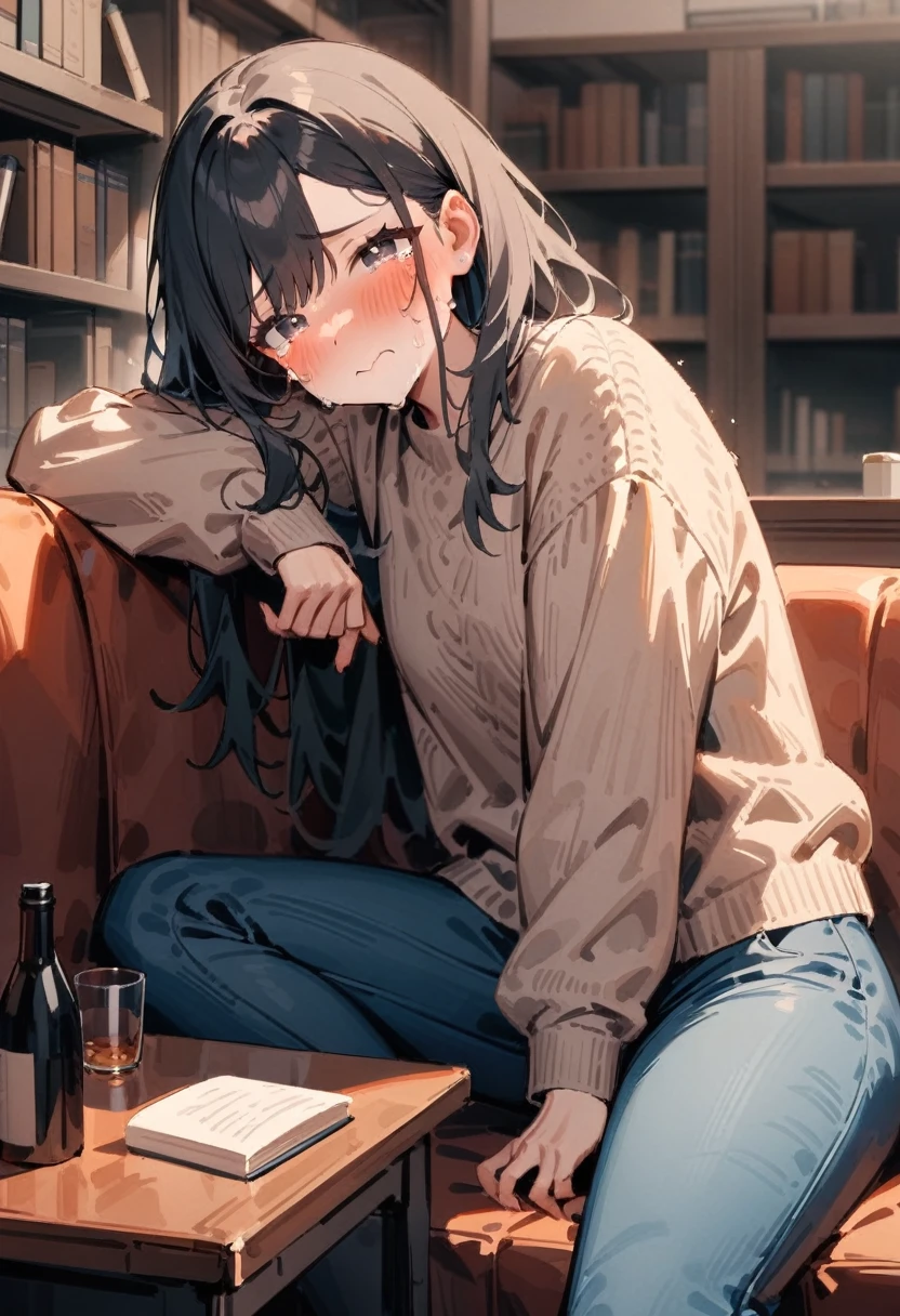 masterpiece, best quality, very aesthetic, absurdres, newest, 1girl, solo, asymmetrical bangs, tareme, long hair, looking at viewer, blush, drunk, black hair, long sleeves, sitting, closed mouth, pants, indoors, tears, black eyes, sweater, book, pants, table, crying, bottle, denim, couch, crying with eyes open, jeans, bookshelf, on couch
