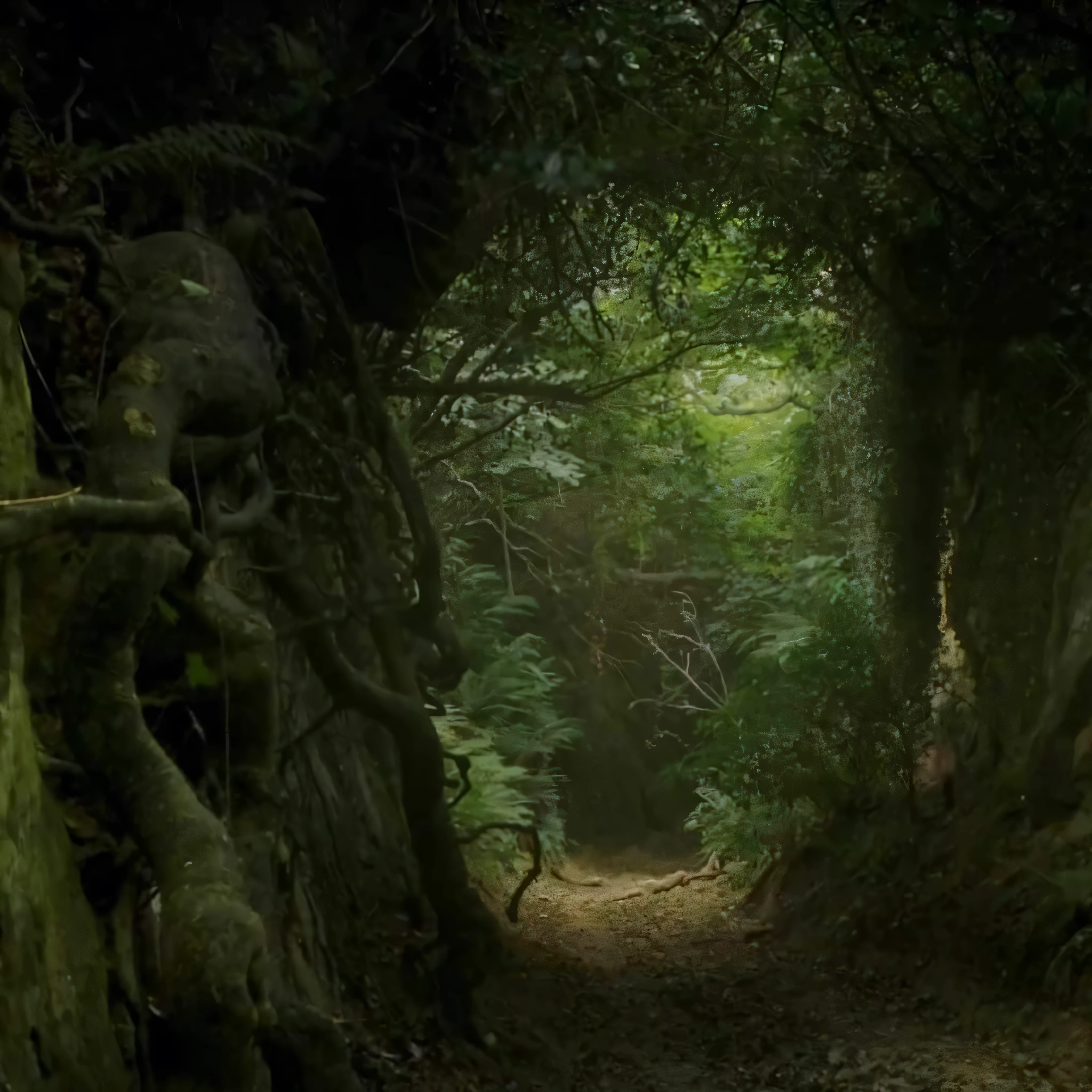 A dirt road with a wet appearance and on the sides there are trees. Besides, There are people sleeping at the foot of each of the trees , and a temperate climate with a light on the horizon of the road.