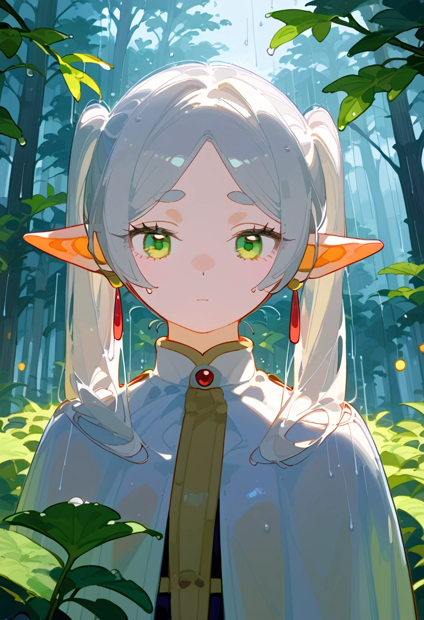 anime artwork, score_9, score_8_up, score_7_up, score_6_up, score_5_up, score_4_up,frieren, 1girl, green eyes, grey hair, twintails, pointy ears, eyebrows, earrings \\\\\\ floox style \\\\\ ,capelet, panorama,  greenery, upper body, forest, sad, rain, raining
