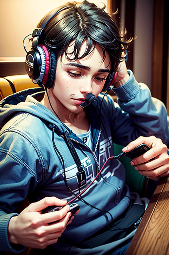 A HANDSOME BOY PLAYING GAMES WITH A PHONE IN HAND AND WEARING HEADPHONES