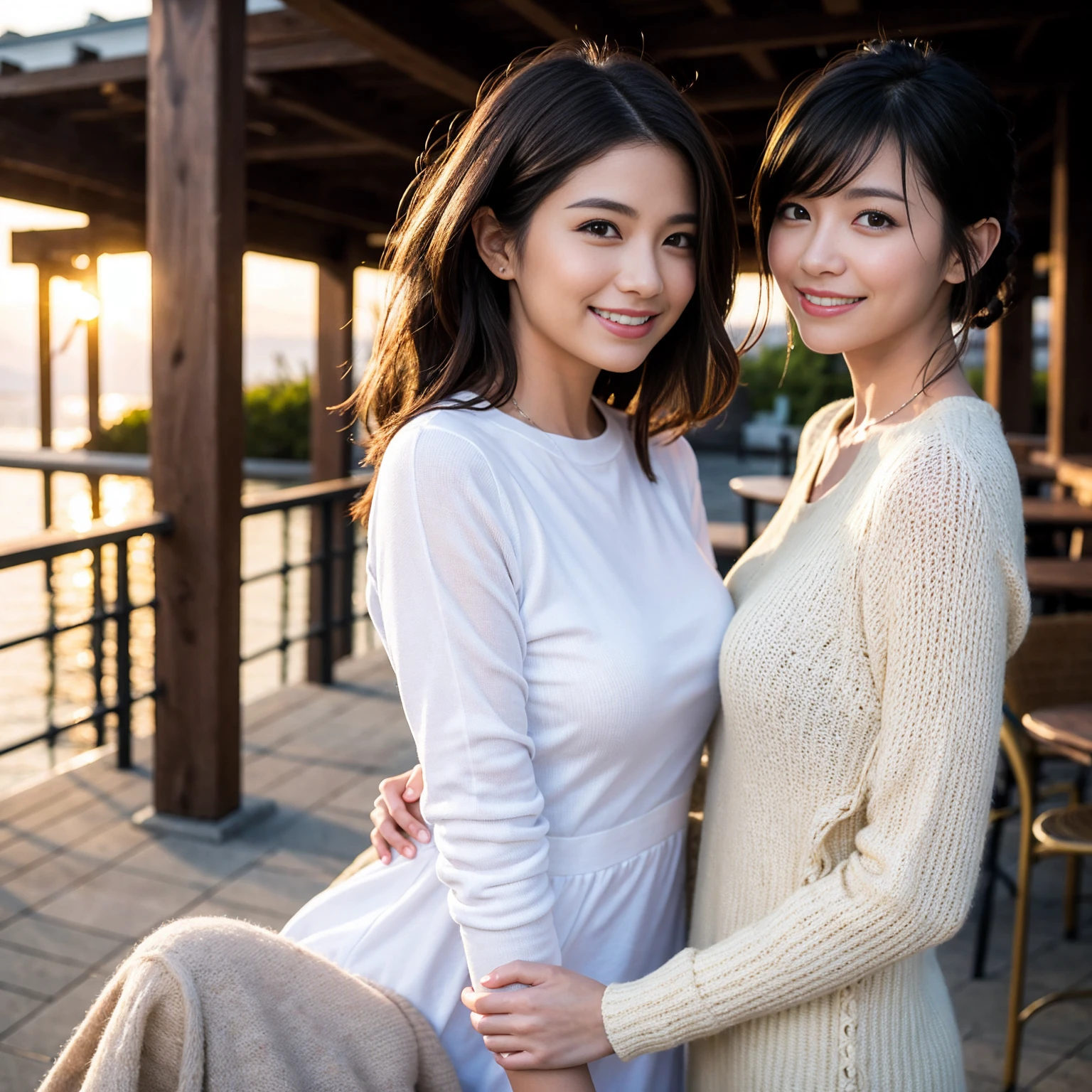 ((Highest quality、、masterpiece:1.3))、1 male、1 female,44 years old 39 years old、Please shine a light on my face、Slim Beauty、Beautiful couple、Upper Body、smile、 (Slim face), (the body is スリム), (Brown Hair), (Shortcuts), テーブルのフルコースディナーとwine glass、Amazing view of the sunset sky and clouds、smileの美しさ、Wine bottle、sparkling wine、Long sleeve shirt、dress、White wine, red wine, wine glass, Beautiful fine grain, Depth f/2,saturation, High Contrast, Strong light and shadow,Moist Body:1.5、 texture、The hair is very shiny、