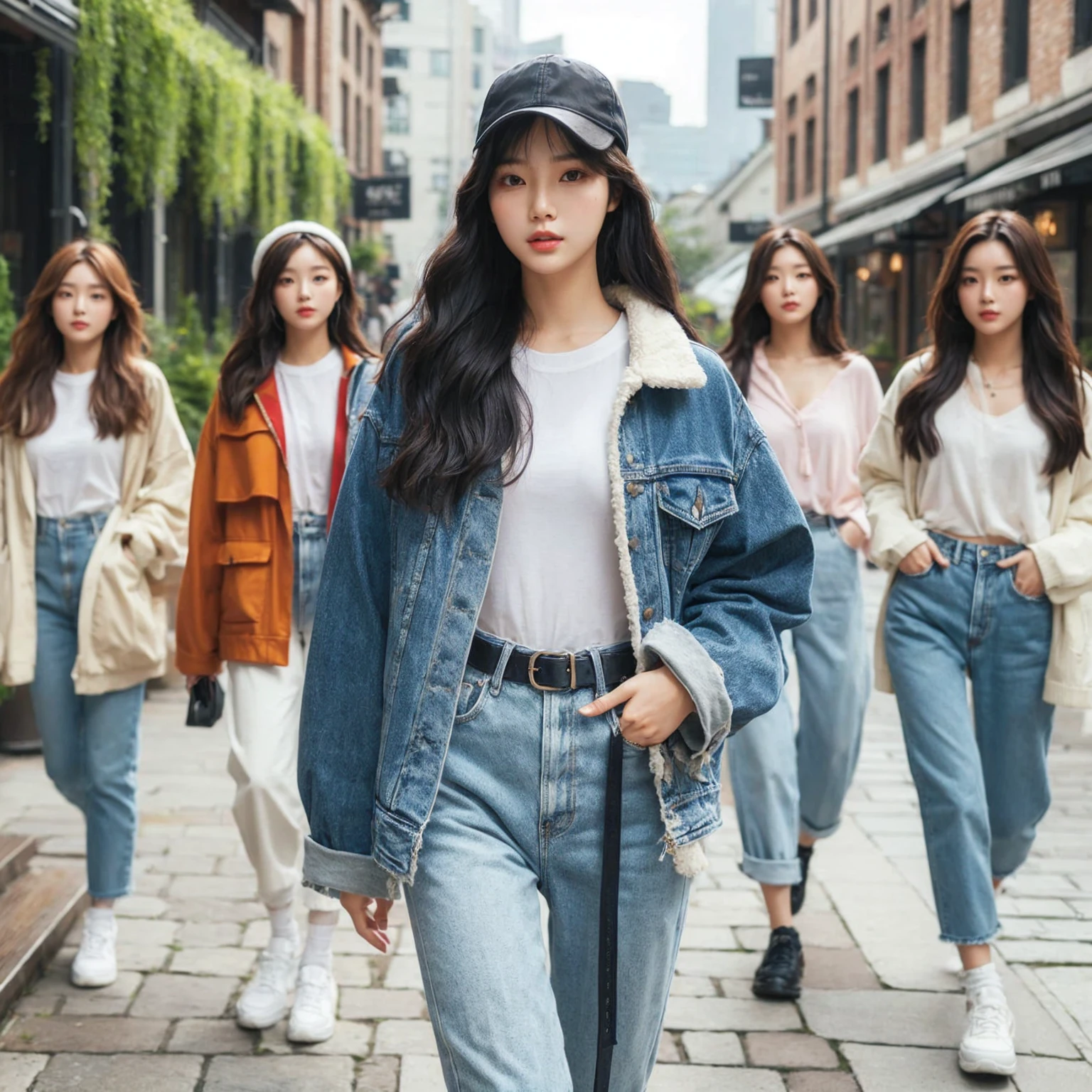 Beautiful young Korean female walking confidently down a cobblestone street in casual, stylish outfits with jackets, shirts, and jeans, medium chest. The backdrop is a vintage urban setting with buildings and greenery, blending modern style with a cool urban vibe.