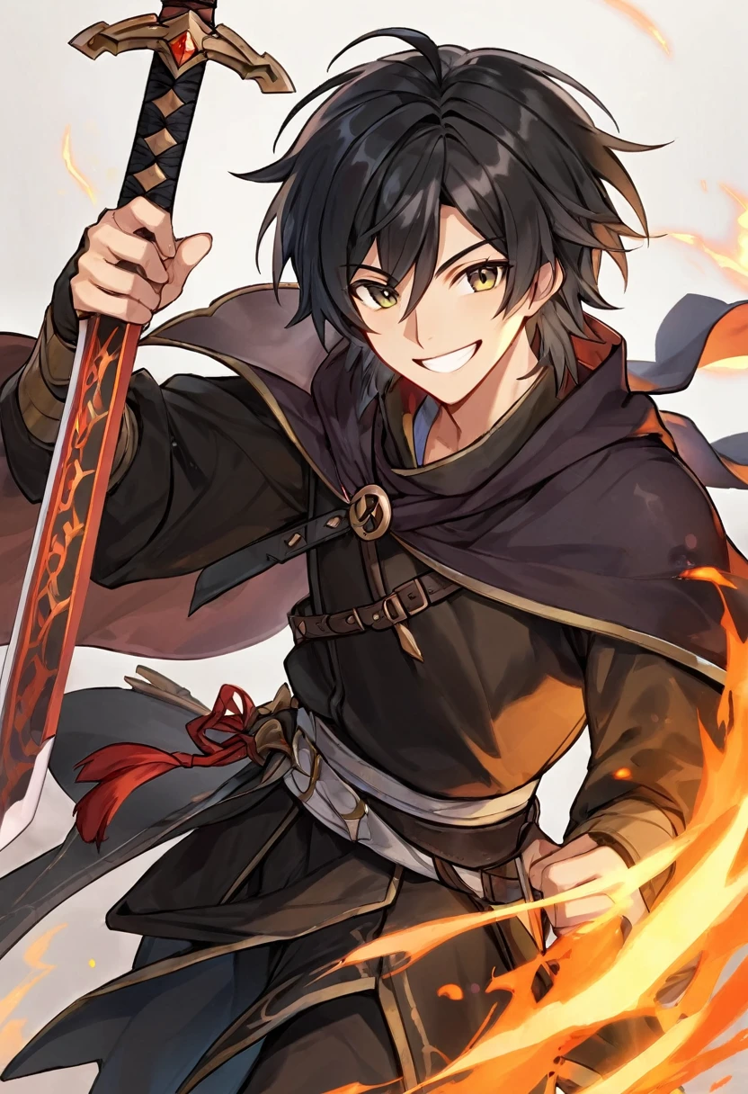 human male, dnd, adventurer, black hair, black cloth, smile, sword, tan skin