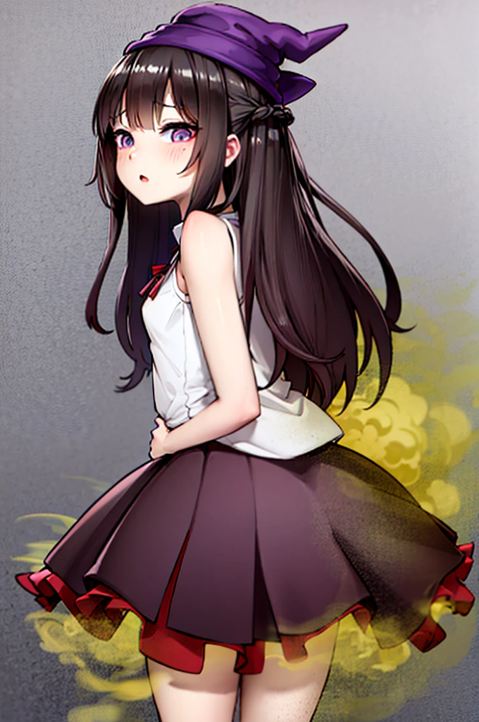 Witch Hat (Brown Hair) Long Hair (Small breasts) (Purple Eyes) ((())) (Slanted Eyes) (low length),(Turn around)  (((solo))),  Embarrassed,  blush, uniform、(I'm pulling up my skirt) (((A girl farts)))Standing with legs together
、(Holding on)((Her butt is facing me)) ((Loli face)(((Yellow gas leaking from the anus)))(((High quality eyes)))