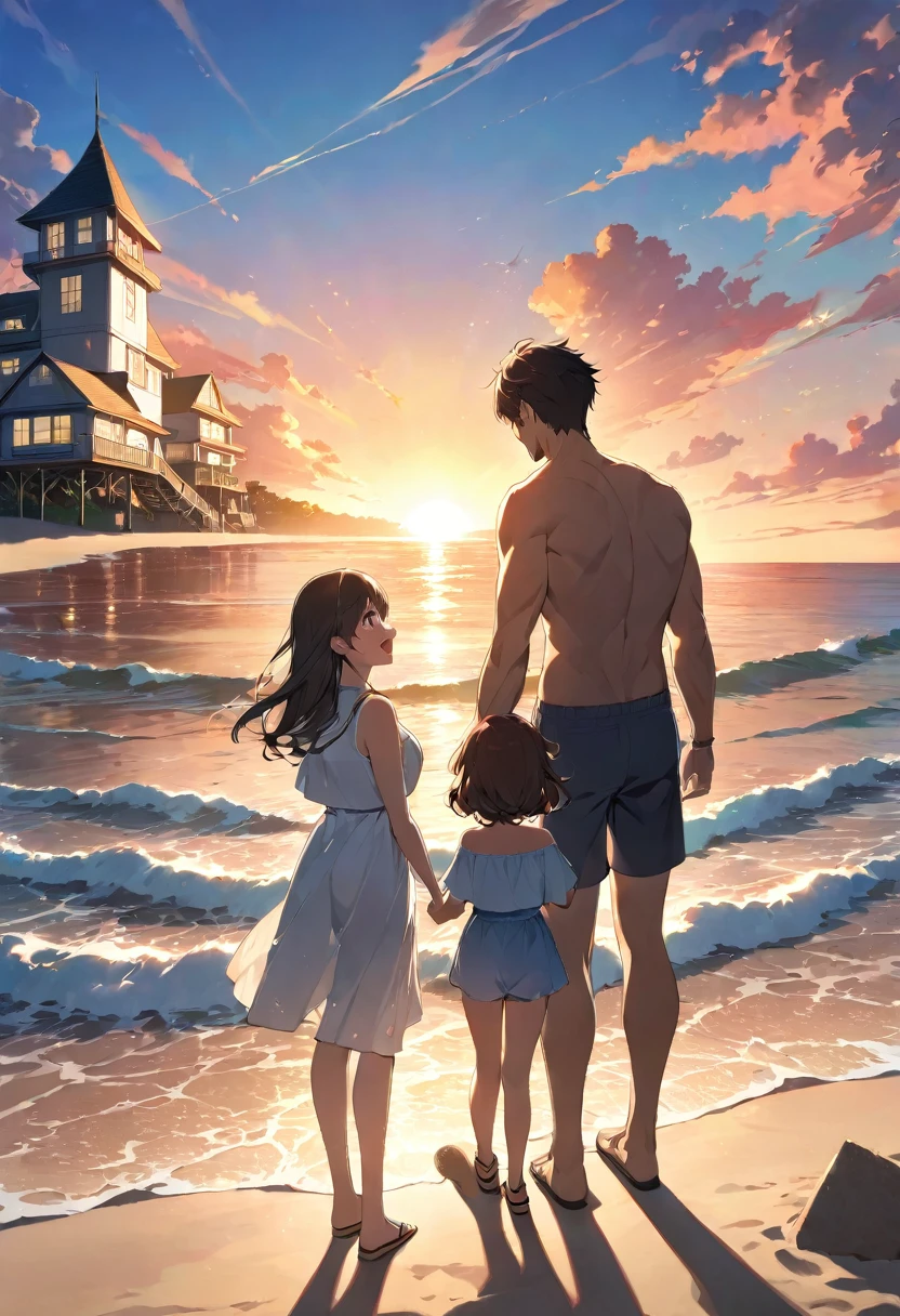 cover page, anime key visual, highres, top quality, best quality, paid reward available, High-quality illustrations, unparalleled masterpiece, perfect artwork, absurdres(family watching sunrise at the beach)((kemono werewolf family with two parents of diverse descents and a child)perfect anatomy, mesmerized by the sunrise, playing with sand and building a sandcastle, serene beach with gentle waves, sky with vibrant colors of dawn, family’s expressions of awe and happiness, moment of peace and togetherness, fan-created work shared on platforms Pixiv or , cinematic lighting, dynamic angle,