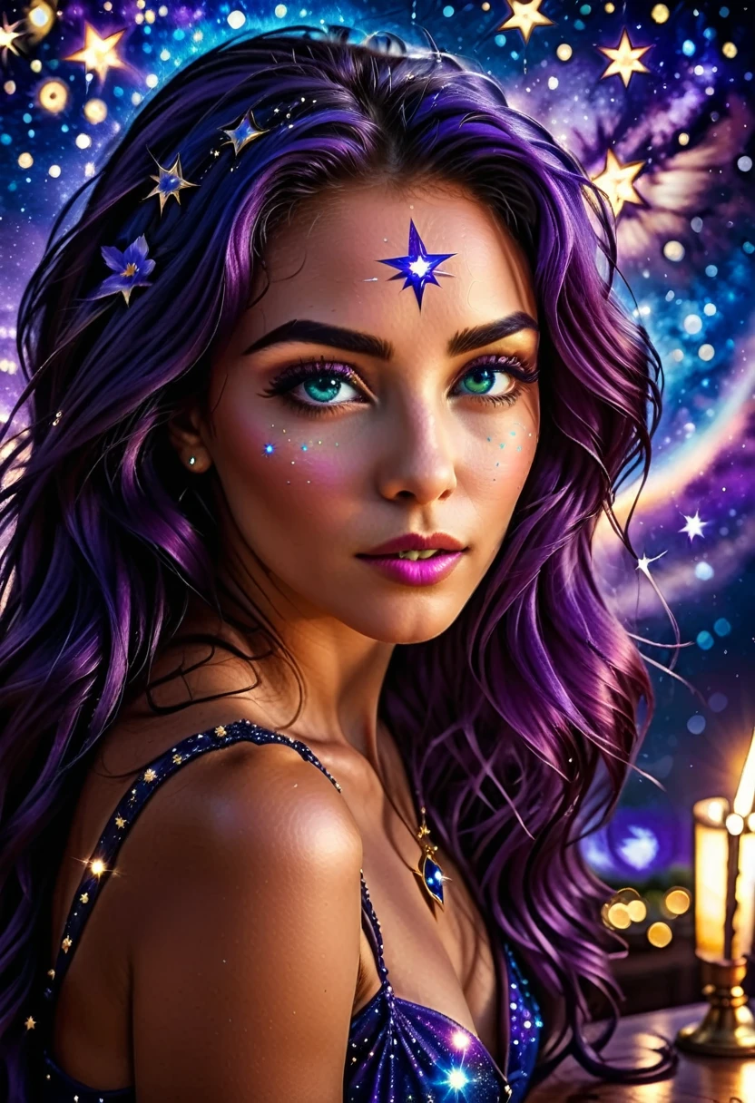 a extreme close up facial picture of an astrologist who divine the future from the stars, an extraordinary beautiful woman, divining the future from the stars, there is magic in her eyes, the ((irises are colored deep blue filled with stars: 1.3)), dynamic hair color, dynamic hair style, she sits near a table, dynamic clothing, dynamic background, vibrant, Ultra-high resolution, High Contrast, (masterpiece:1.5), highest quality, Best aesthetics), best details, best quality, highres, 16k, [ultra detailed], masterpiece, best quality, (extremely detailed), Cinematic Hollywood Film style, Genetically modified..., GlowingRunesAI_purple