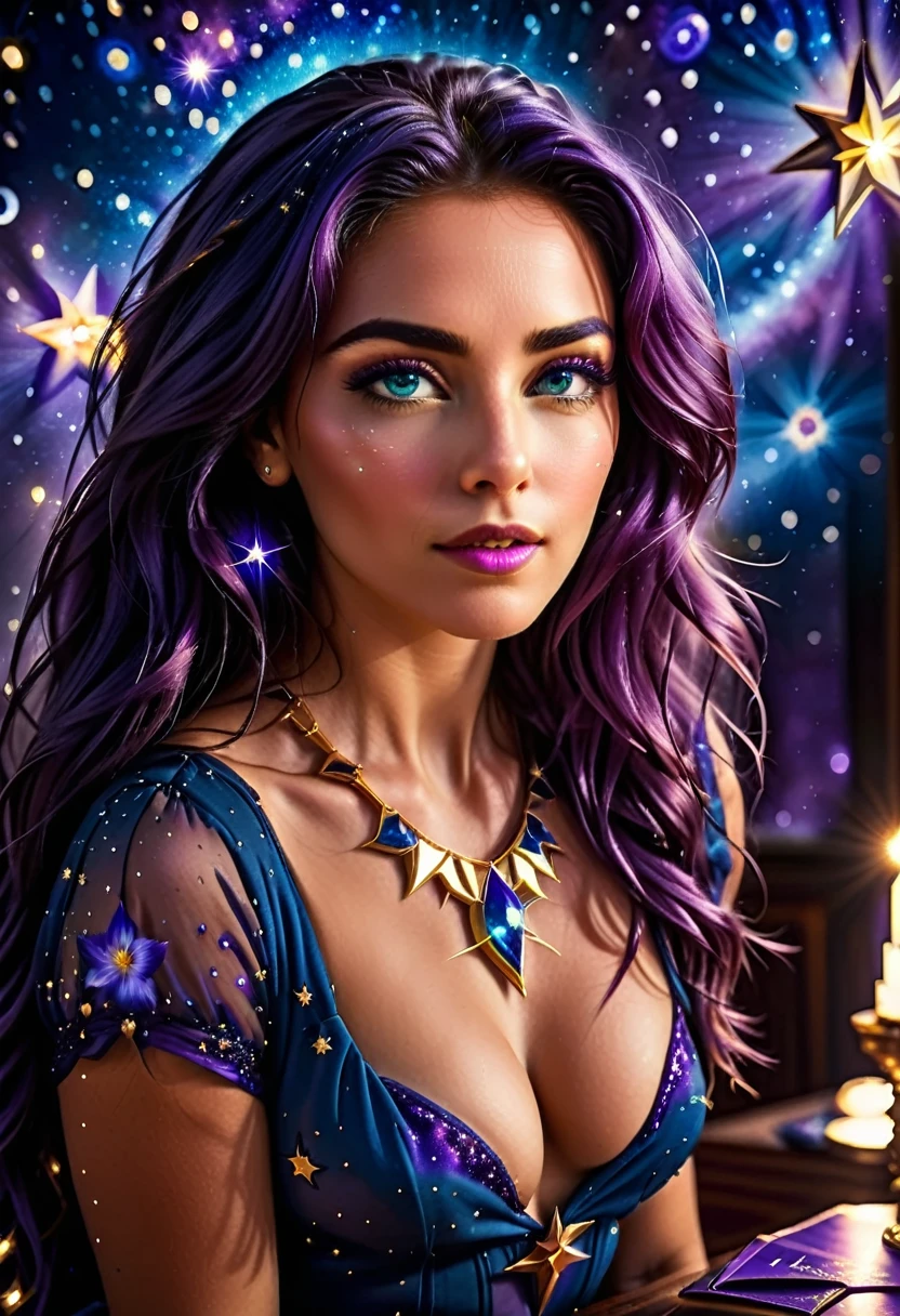 a extreme close up facial picture of an astrologist who divine the future from the stars, an extraordinary beautiful woman, divining the future from the stars, there is magic in her eyes, the ((irises are colored deep blue filled with stars: 1.3)), dynamic hair color, dynamic hair style, she sits near a table, dynamic clothing, dynamic background, vibrant, Ultra-high resolution, High Contrast, (masterpiece:1.5), highest quality, Best aesthetics), best details, best quality, highres, 16k, [ultra detailed], masterpiece, best quality, (extremely detailed), Cinematic Hollywood Film style, Genetically modified..., GlowingRunesAI_purple