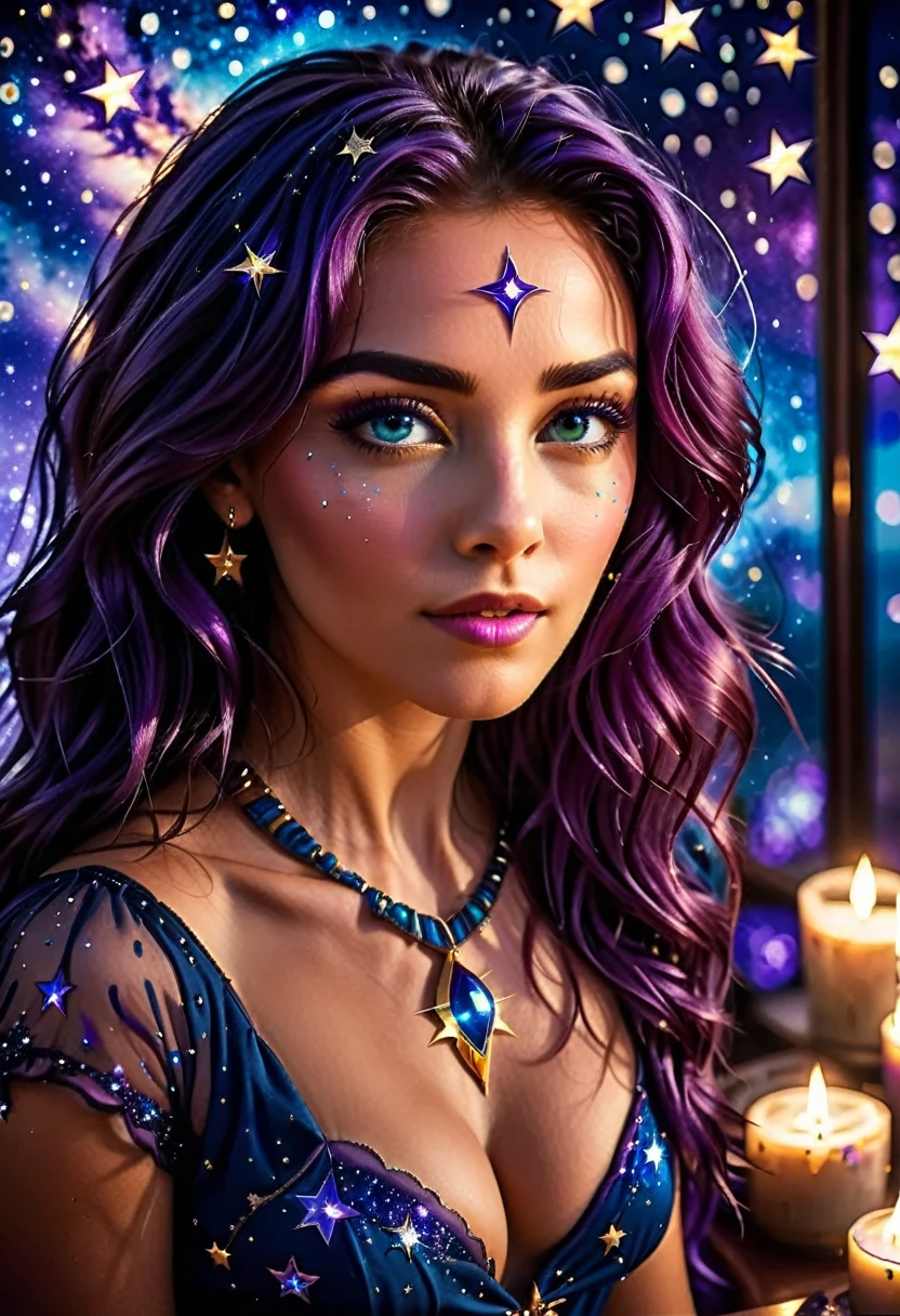 a extreme close up facial picture of an astrologist who divine the future from the stars, an extraordinary beautiful woman, divining the future from the stars, there is magic in her eyes, the ((irises are colored deep blue filled with stars: 1.3)), dynamic hair color, dynamic hair style, she sits near a table, dynamic clothing, dynamic background, vibrant, Ultra-high resolution, High Contrast, (masterpiece:1.5), highest quality, Best aesthetics), best details, best quality, highres, 16k, [ultra detailed], masterpiece, best quality, (extremely detailed), Cinematic Hollywood Film style, Genetically modified..., GlowingRunesAI_purple